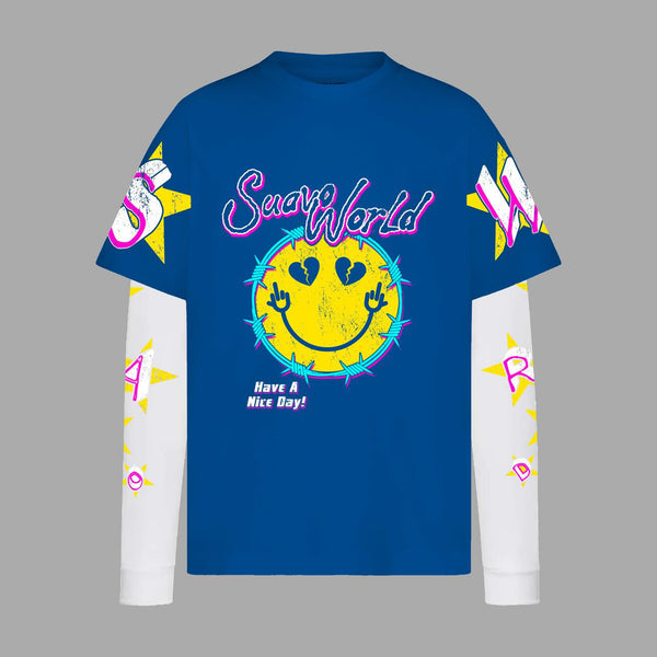 LAYERED LONG SLEEVE HAVE A NICE DAY T-SHIRT - ROYAL BLUE