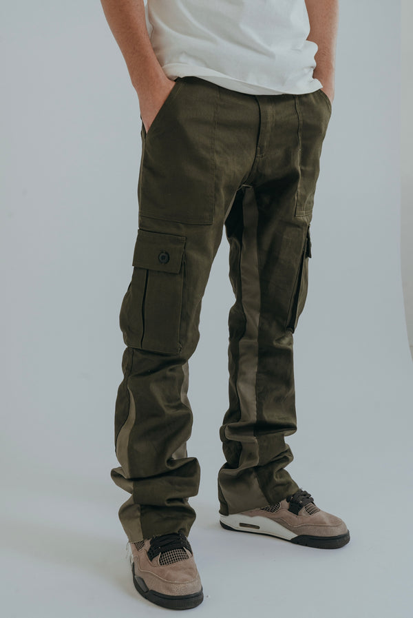 khaki cargo pants, cargo flare trousers, mens cargos, cargo trousers, flare cargos, combat pants, green
