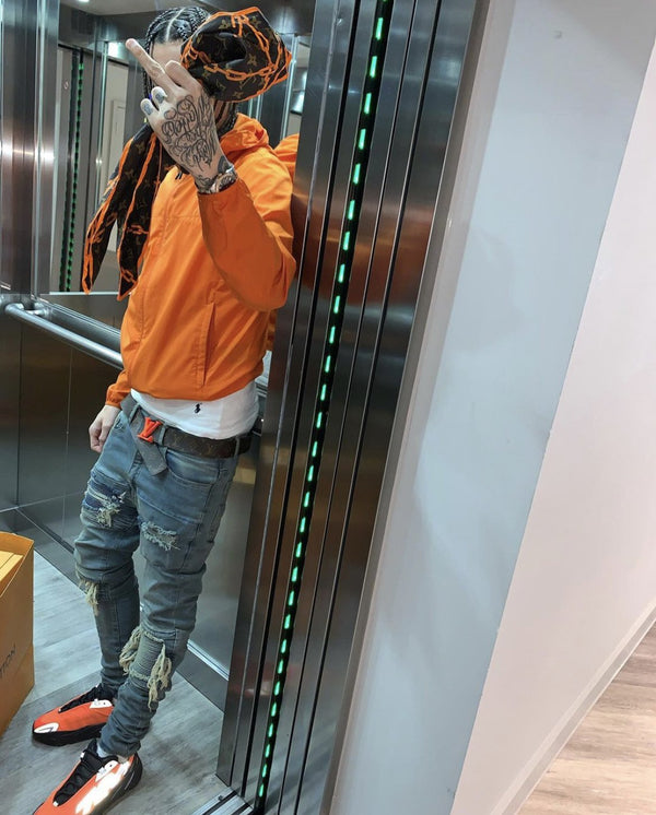 Orange biker jeans sale