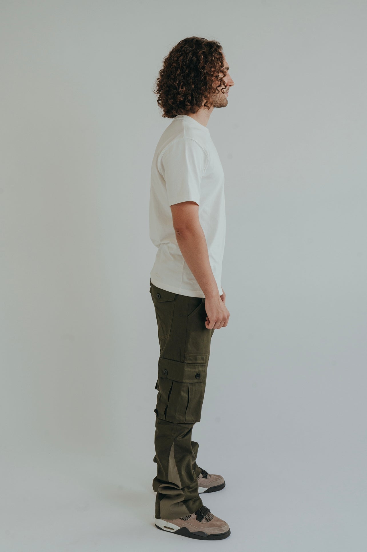 khaki cargo pants, cargo flare trousers, mens cargos, cargo trousers, flare cargos, combat pants, green